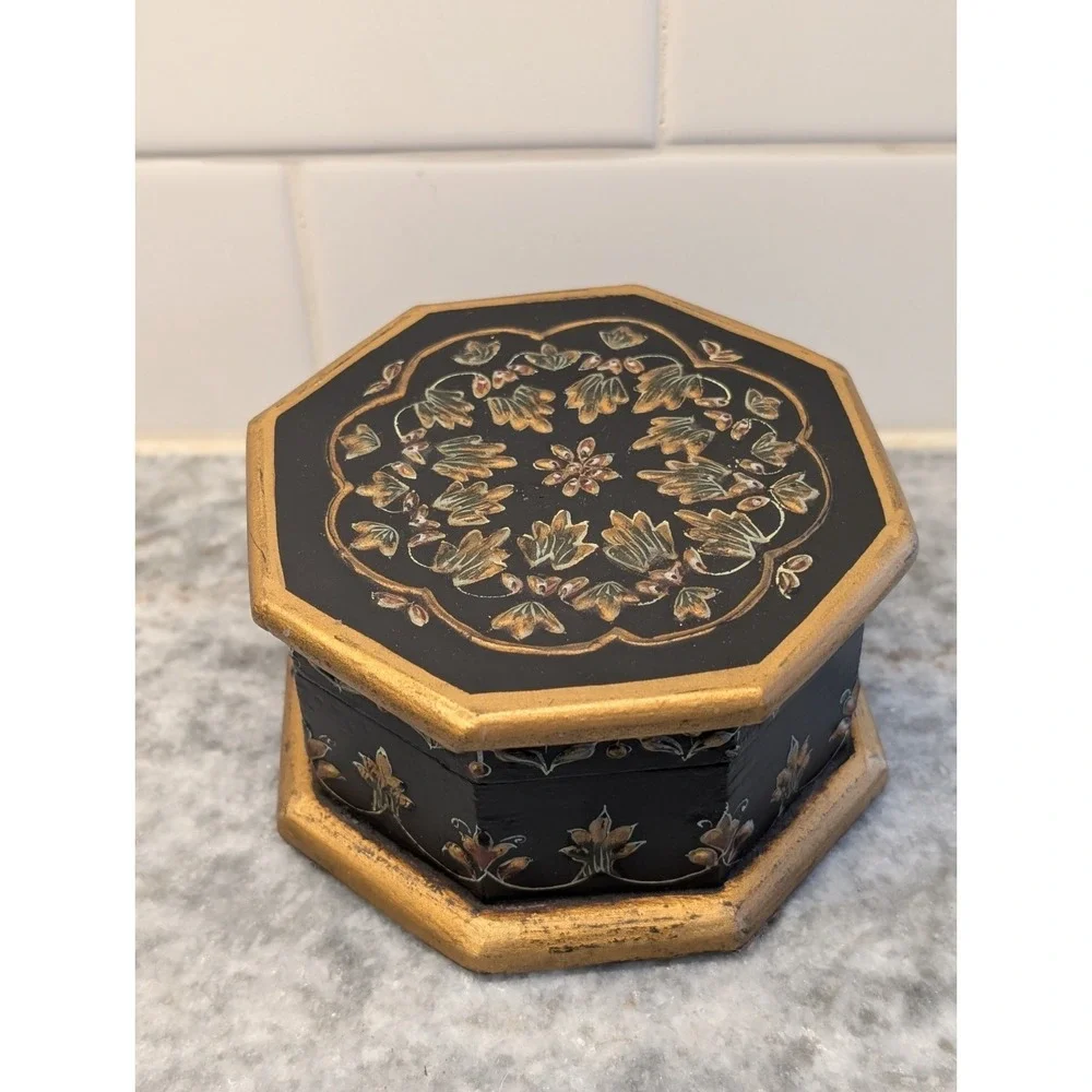 Hand Painted Octagon Shaped Wood Wooden Storage Trinket Box with Lid